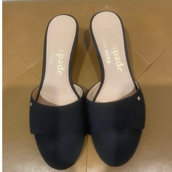 Kate Spade New York Meena Wedge Sandal Black Bamboo & Canvas Slides Size US 8 - Picture 4 of 8